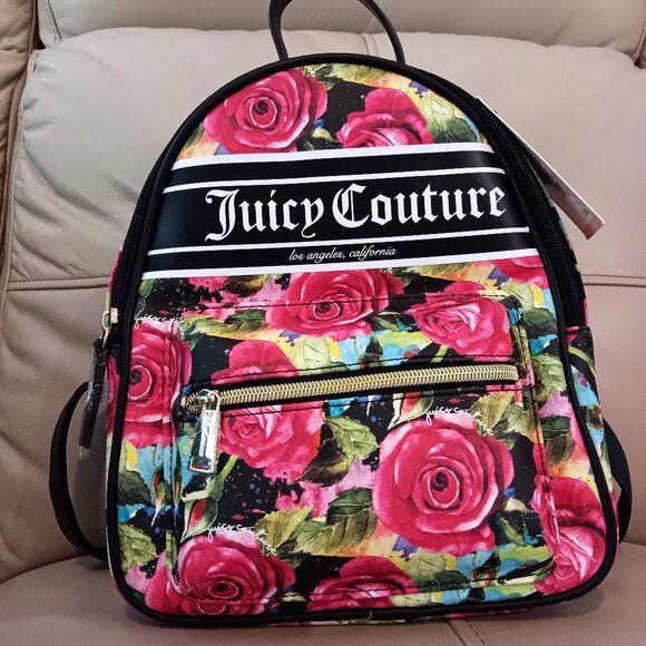 NEW 💥 JUICY COUTURE SMALL Black Backpack with Deep Pink Roses ~ Adorable!! - Picture 2 of 10